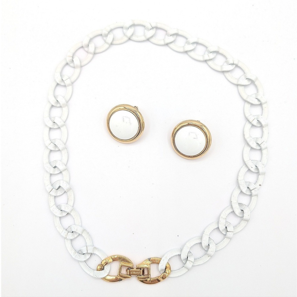 Vintage Monet Necklace Earring Set Enamel Chain Choker Clip On White Gold Tone